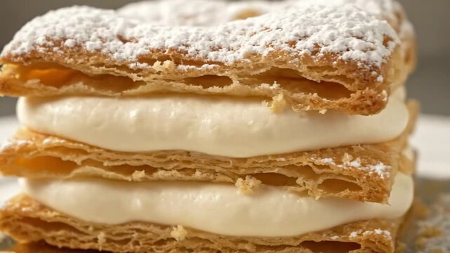 Extreme close-up of classic layered mille-feuille (napoleon) dessert filled with rich cream or custard, topped with powdered sugar, showcasing the golden, flaky puff pastry texture.