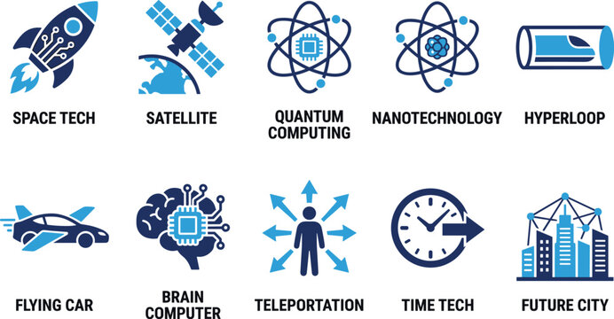 Future innovative technology icons collection with space exploration quantum computing and teleportation.