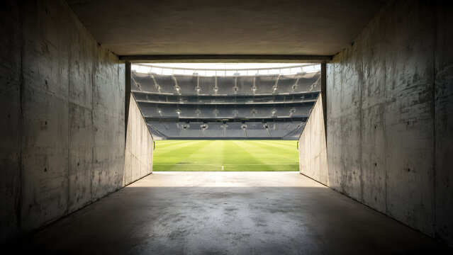 Stadium tunnel view looking out onto empty green football field