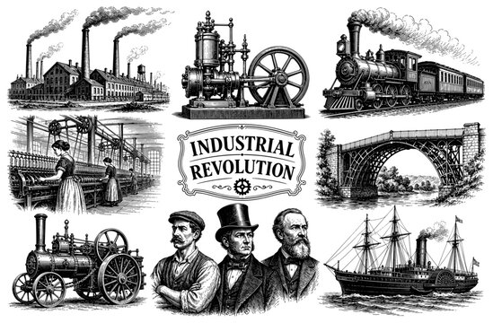 Industrial revolution vintage set with train factory steam engine and ship