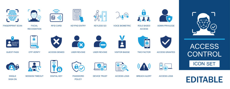 Access control and identity management icon set. Featuring biometric fingerprint scan, facial recognition, rfid smart card entry, and cyber security auth symbols.