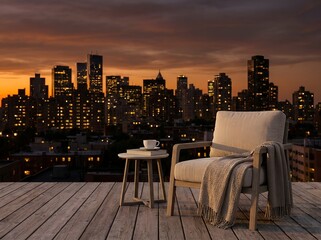 Obraz premium Modern rooftop terrace with lounge chair at sunset, luxury penthouse balcony overlooking city skyline, urban outdoor living space with skyline view