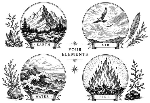 Nature four element vintage set with earth air water and fire