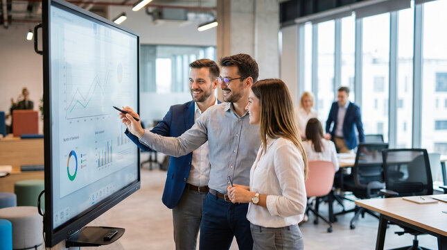 Happy diverse corporate business team analyzing complex financial data charts on large interactive digital whiteboard during creative modern office strategy meeting