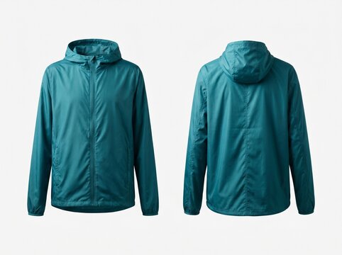 Isolated dark teal windbreaker jacket mockup showing front and back views, blank hooded raincoat for apparel template design