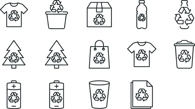 Recycling symbols on shirts bins boxes bottles trees bags cups batteries and documents for environmental conservation.