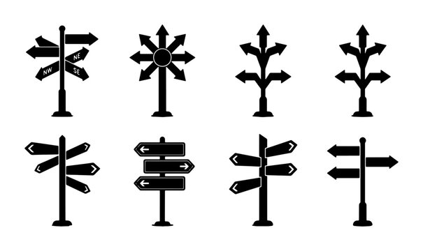 Set of 8 Black Directional Signpost Icons, Crossroads and Decision Point Vector Graphics, Navigation and Choice Symbols