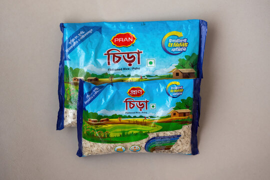 Kishoreganj, Bangladesh - 22 April, 2026 - Commercial packaging of locally manufactured PRAN chira or flattened rice. Staple breakfast food item widely distributed across the country. Top view.
