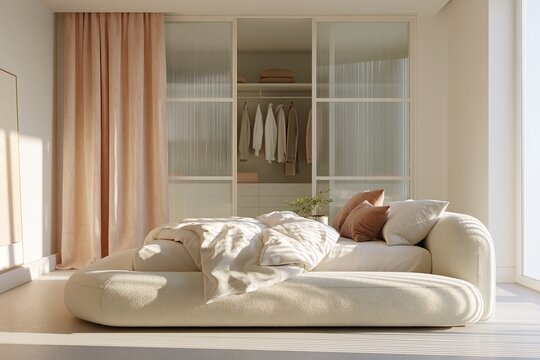 Modern bedroom featuring a cozy bed with soft pillows and a reeded glass sliding door leading to a closet with neatly arranged clothing and soft curtains