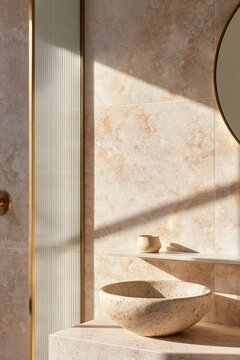 Reeded glass shower screen with brushed gold accents in a modern bathroom featuring a stone basin and circular mirror against textured wall tiles