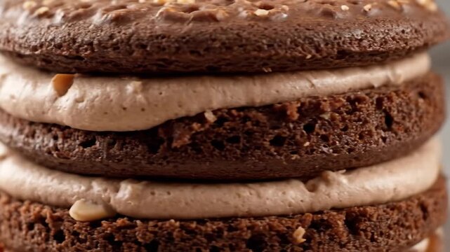 Extreme close-up of stacked gourmet chocolate dessert sandwich with rich cream filling and chopped nuts