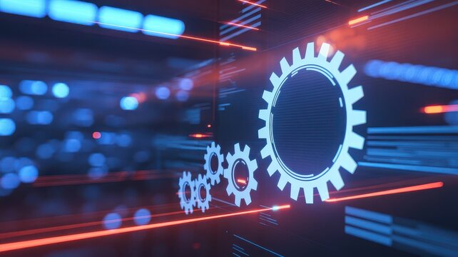 Abstract technology background with glowing gears and digital data streams