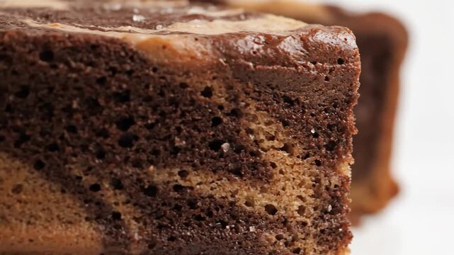 Extreme macro close-up of moist marble cake texture. detailed view of the porous sponge showing rich chocolate and vanilla swirling patterns, perfect for bakery backgrounds.
