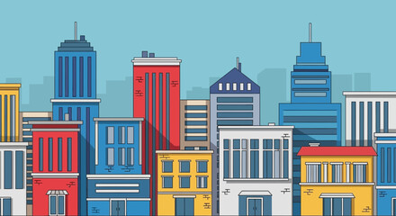 Fototapeta premium Colorful Flat Design Cityscape with Modern Buildings and Skyscrapers