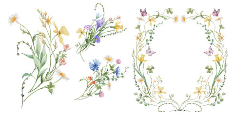 Fototapeta premium Spring summer floral bouquet frames. Watercolor colorful wildflower floral clipart, flower meadow. Wedding floral frame.