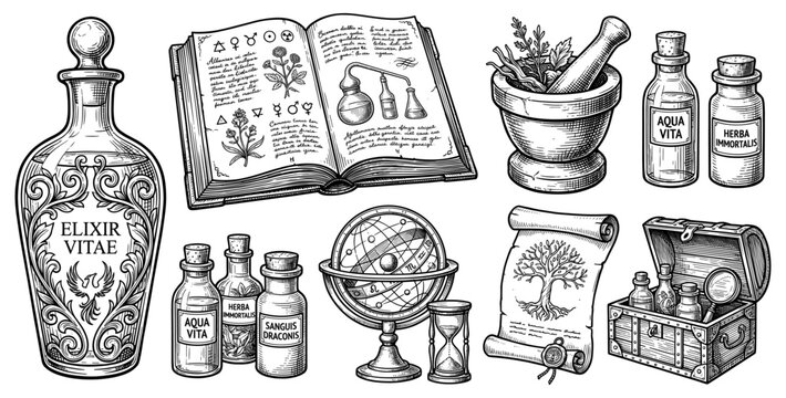 Apothecary alchemy vintage set with elixir bottle book and mortar