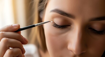 Fototapeta premium Young Woman Applying Soft Eyeshadow Makeup with Brush in Close Up Beauty Routine