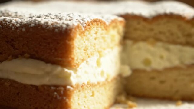 Close-up macro view of a classic victoria sponge cake layered with airy vanilla cream filling and dusted with fine powdered sugar on top.