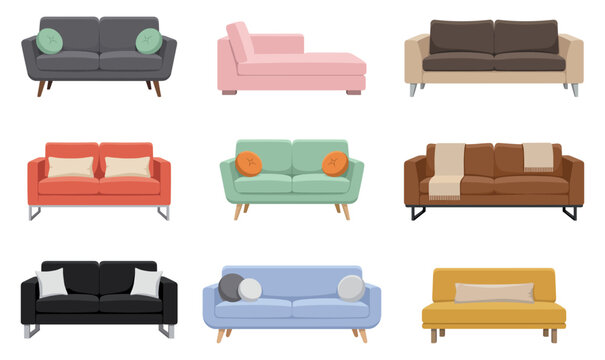 Modern sofa furniture set with flat comfortable couch and pillow