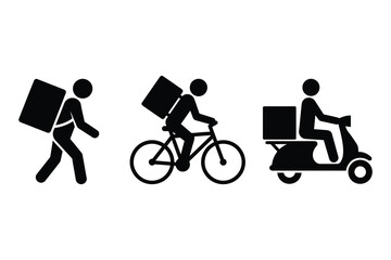 Food delivery courier worker walking bicycle and scooter black silhouette vector icon set isolated on white © VactorZone