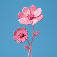 Obraz premium Pink Clay Flowers on Blue Background – Minimal Handmade Floral Art, blur depth, defocus 