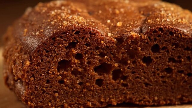 Macro close-up of freshly baked brown gingerbread or spice cake loaf topped with sparkling sugar crystals and crumbly texture
