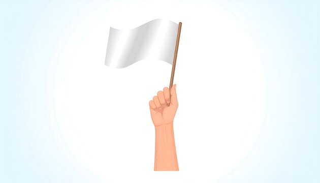 Raised Human Hand Holding White Flag Against Soft Blue Background