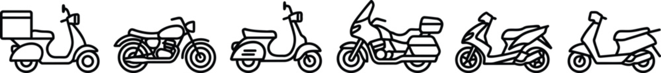 Motorcycle scooter moped delivery bike line art outline icon set graphic vector element isolated on white © VactorZone