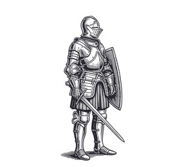 Obraz premium Classic vintage illustration of a medieval knight holding sword and shield in full armor, vector artwork