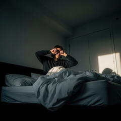 Fototapeta premium Person Awakens in Early Morning Sunlight, Shielding Eyes, Bedroom Interior Shot