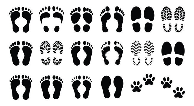 Human Bare Footprints and Shoe Prints Vector Set, Kids Feet and Footstep Icons for Walking Routes, Trails, Navigation, Tracking and Print Design Projects