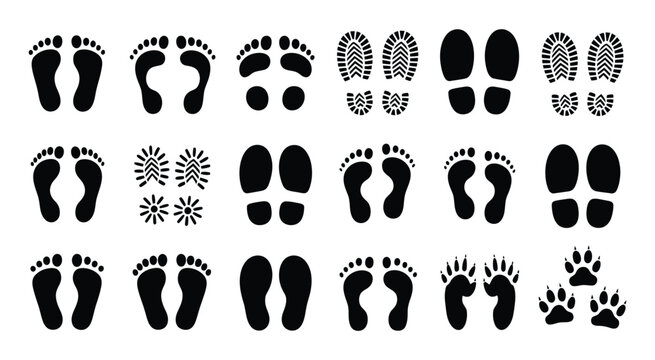 Human Bare Footprints and Shoe Prints Vector Set, Kids Feet and Footstep Icons for Walking Routes, Trails, Navigation, Tracking and Print Design Projects