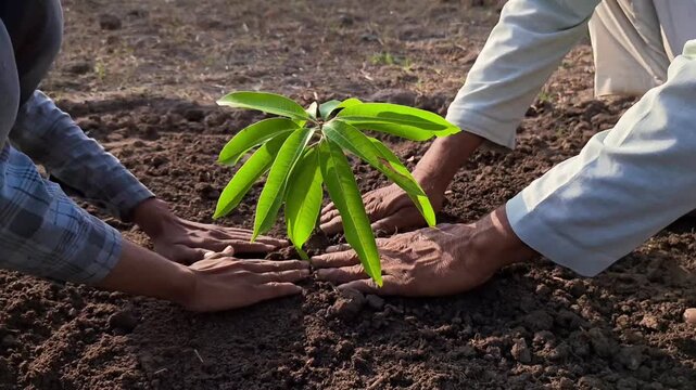 Grandfather and grandson planting a young sapling together. Environmental conservation and family legacy concept