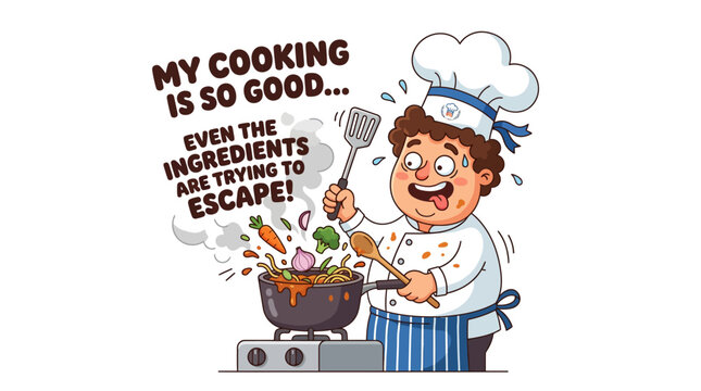 Funny Chef Cooking Disaster: Ingredients Escaping Pot with Humorous Text