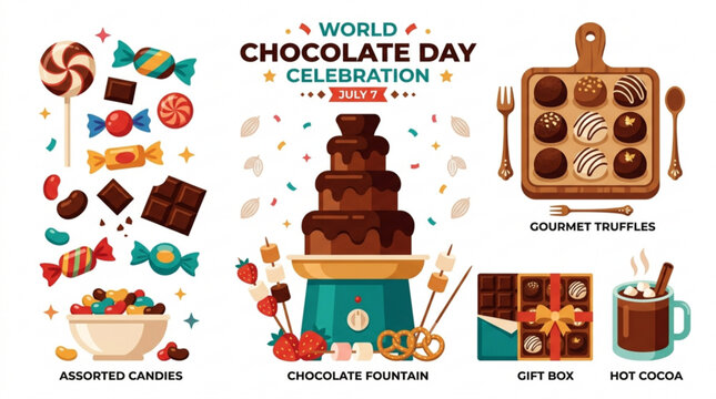 World chocolate day celebration with assorted candies chocolate fountain gourmet truffles gift box and hot cocoa