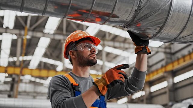 Male HVAC technician installing a metal ventilation duct in a large industrial factory wearing protective safety gear