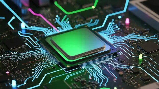 Closeup of a computer processor on a circuit board with glowing lines