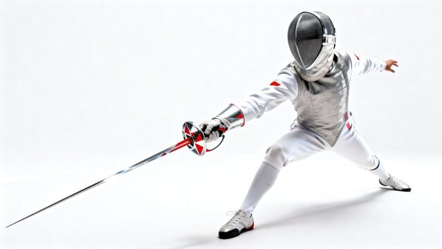 Fencer man in uniform lunging with epee on white background. Professional athlete performing attack movement during duel. Olympic competitive combat sport activity and training concept.