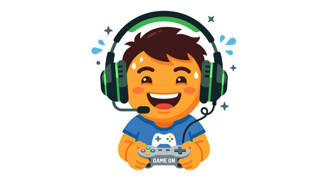 Excited Young Gamer Wearing Headphones Playing Video Game with Controller