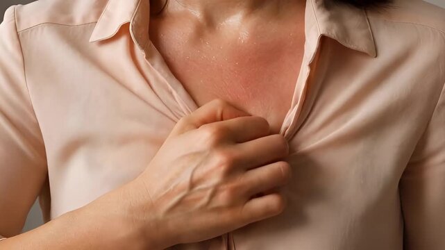 Chest pain hand gesture female shirt stress discomfort health emergency hand pressing torso closeup clutching shirt distress pain