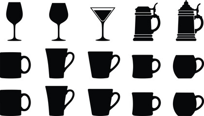 Obraz premium Drinkware Silhouette Collection Featuring Coffee Mugs Wine Glasses Cocktail Cups and Beer Steins Isolated Vector Set