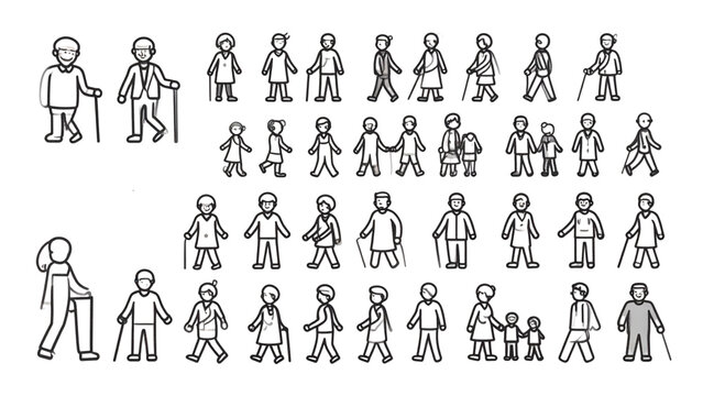 Set of black line icons representing elderly people in various situations like walking with a cane or walker, as a couple, with grandchildren, and showing an aging population concept