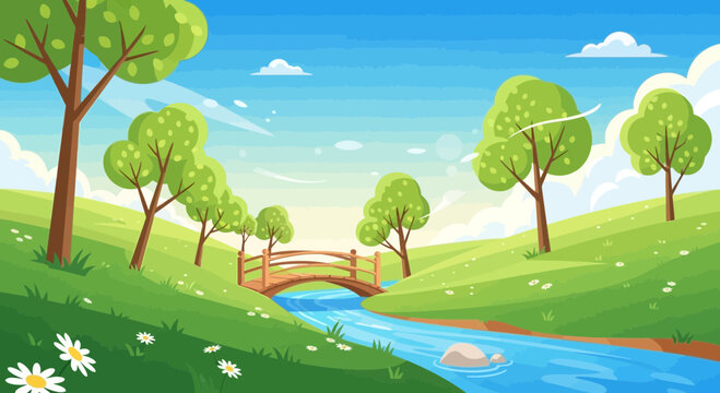 Vibrant Summer Landscape with Wooden Bridge Over a Flowing River and Green Hills