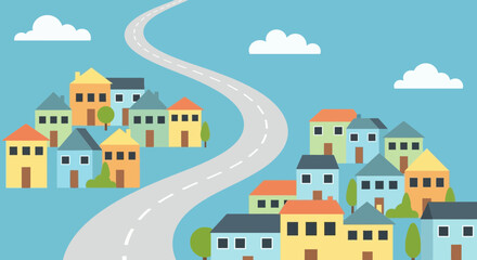 Naklejka premium Colorful Houses Lined Up Along Winding Road Under Blue Sky with Clouds