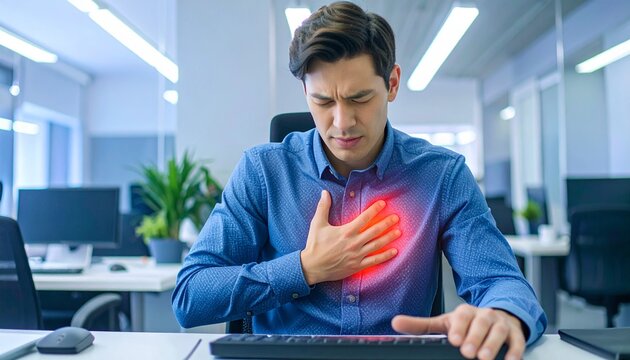 Man experiencing chest pain, potential heart attack symptoms at work, medical emergency in office