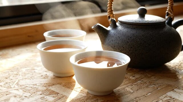 Black ceramic teapot and three cups of hot steaming tea on a wooden surface in morning sunlight