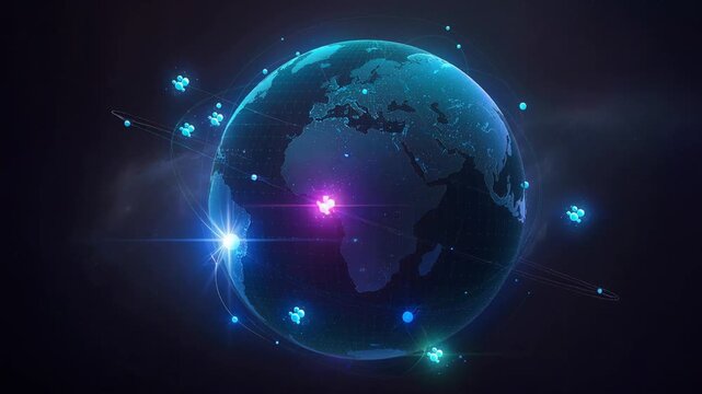 Futuristic digital globe with glowing connections and orbiting nodes representing global technology network