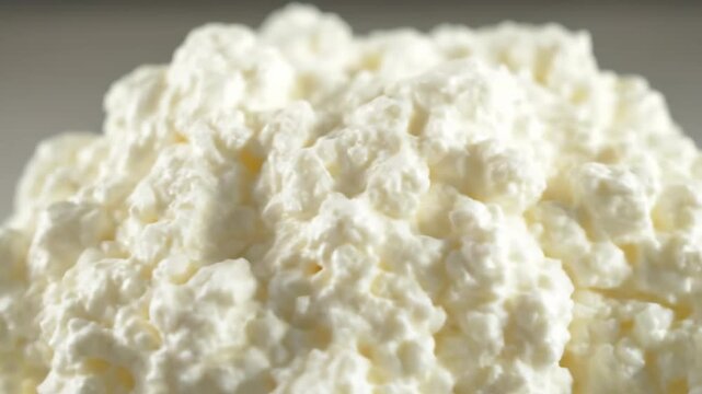 Macro shot of fresh cottage cheese curds, highlighting the creamy white textured surface of the dairy product