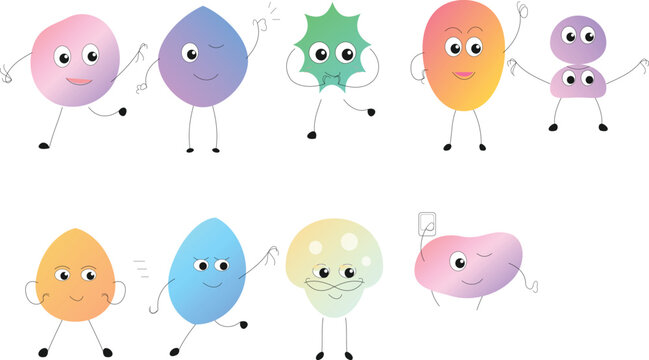 Cute blob character set with 9 colorful monster mascots, funny abstract shape creatures with faces, playful organic vector icons for kids branding