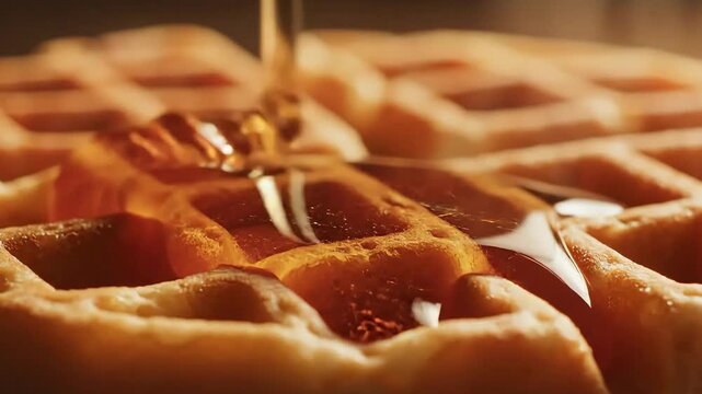 Amber Maple Syrup Soaking into Crispy Waffle Texture Macro